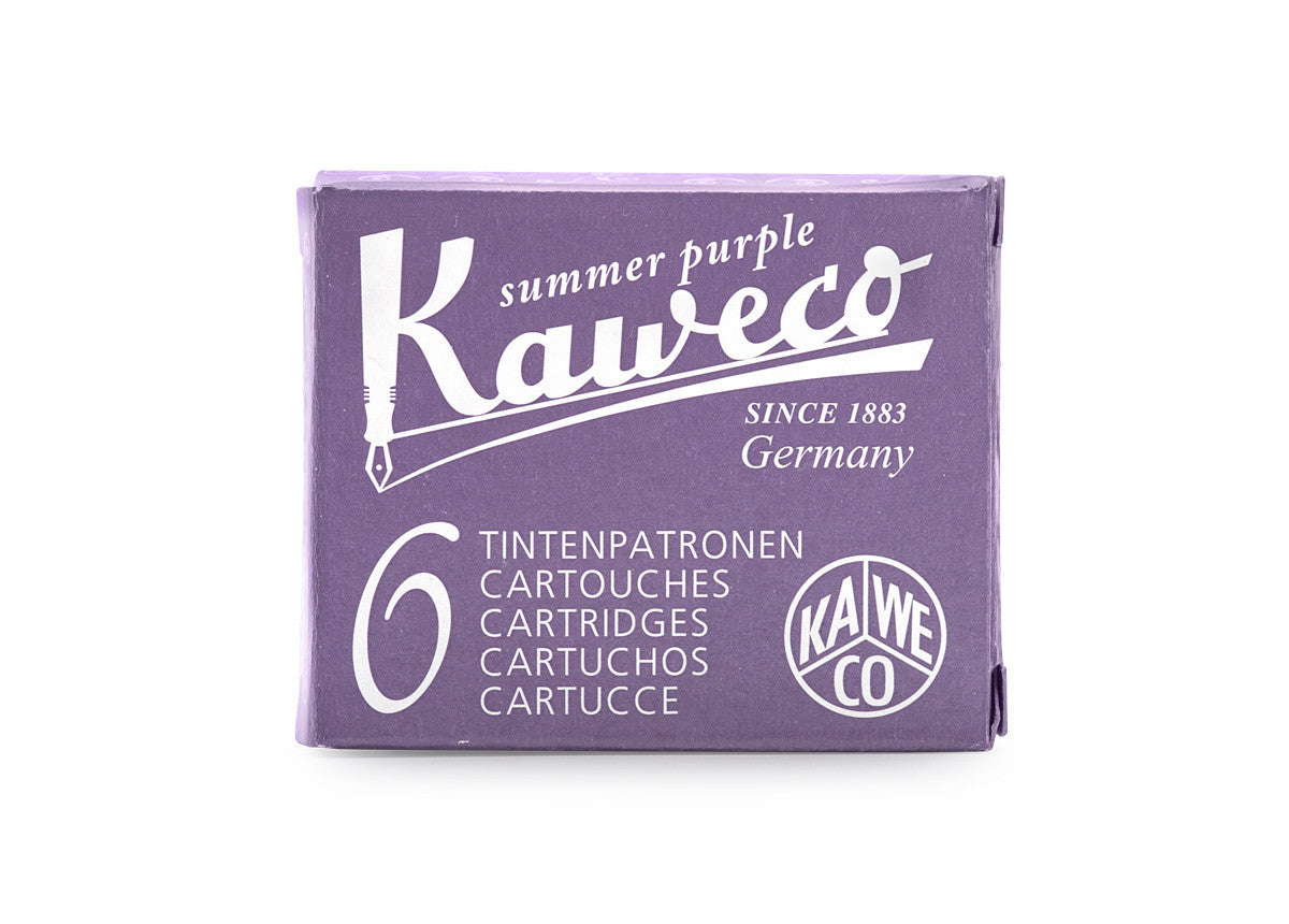 Kaweco Summer Purple 6 cartridges are a medium purple fountain pen ink with low shading and a pop of gold sheen in large swabs. It dries in a quick 10 seconds in a medium nib on Rhodia and has an average flow. Kaweco ink is made in Germany.