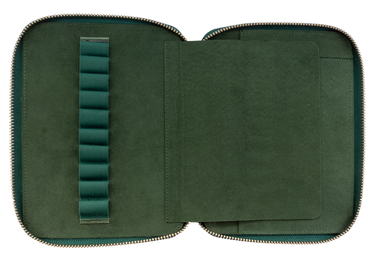 Galen Leather Co. Zippered 10 Slot Pen Case with A5 Notebook Holder - Crazy Horse Green