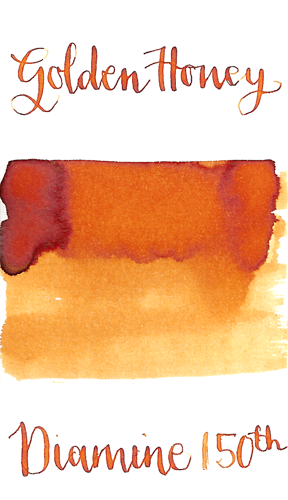 Diamine Golden Honey is a vibrant yellow orange fountain pen ink with medium shading.