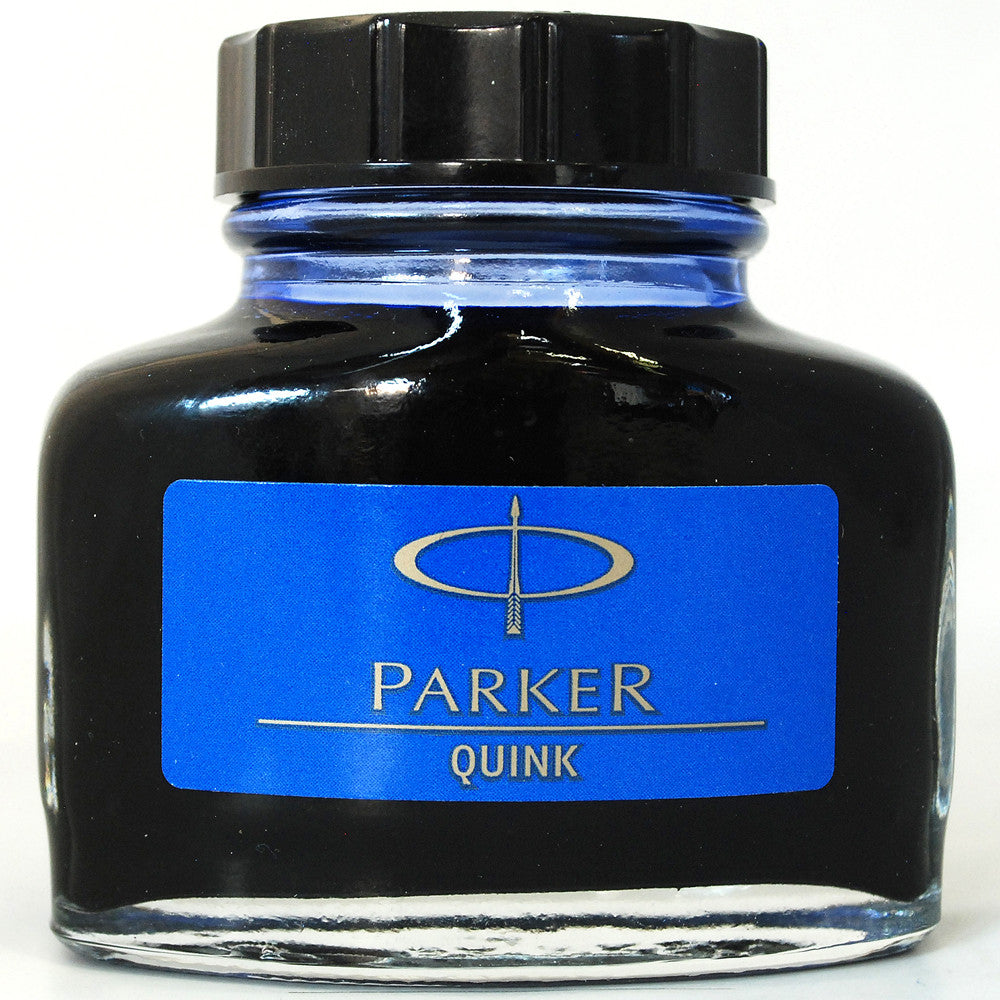 Blue fountain pen ink from Parker Pen Company. Made in France.  Medium flow Very well behaved, safe for any pen, including vintage.