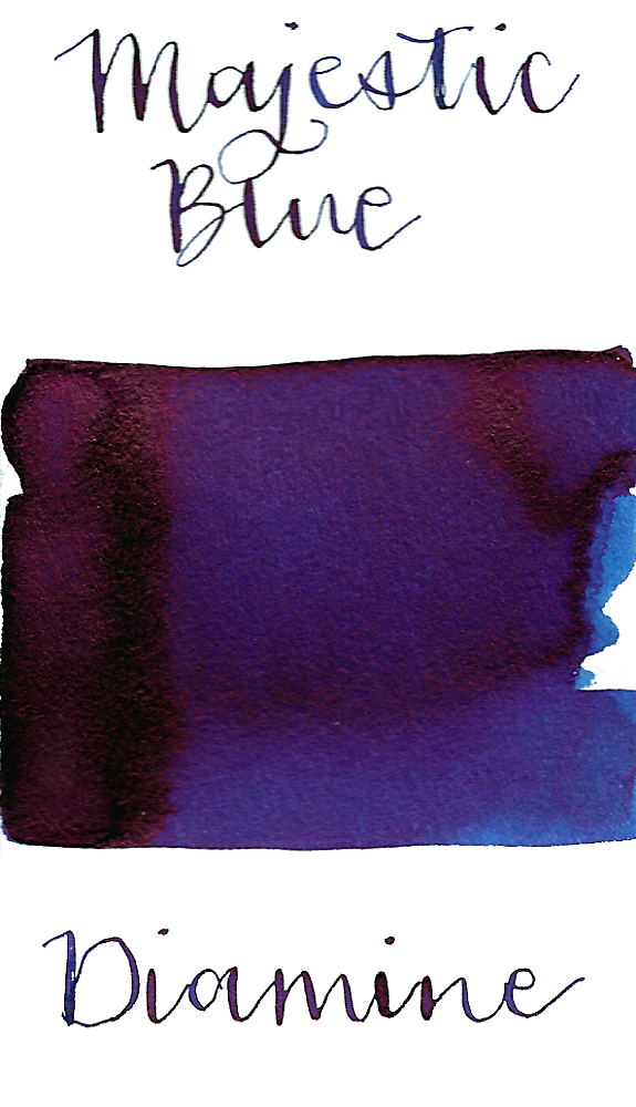 Diamine Majestic Blue is a gorgeous deep blue fountain pen ink with high red sheen.