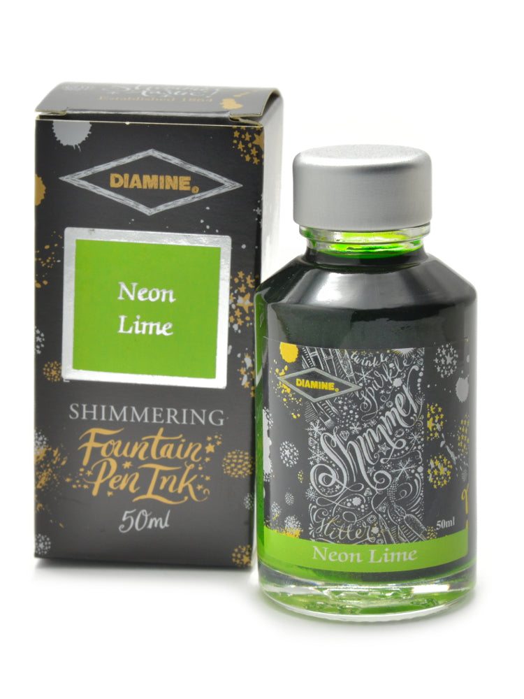 Diamine Neon Lime from the 2019 Shimmertastic collection is a light spring green fountain pen ink with low shading and silver shimmer.