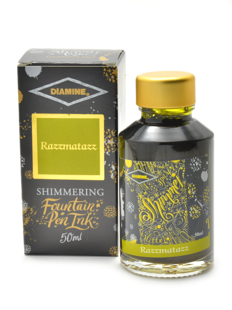 Diamine Shimmertastic Razzmatazz fountain pen ink is available in a 50ml glass bottle.