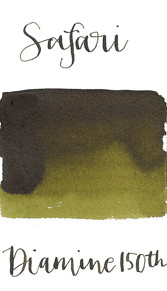 Diamine Safari is a dark, army green fountain pen ink with medium shading. 