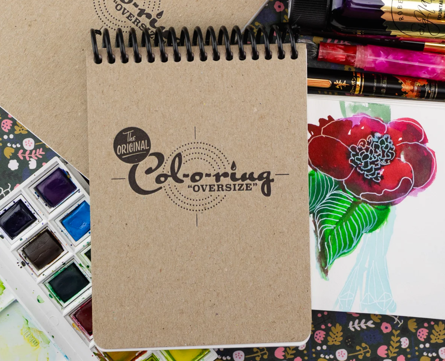 Each A6-sized Col-o-ring OVERSIZE contains: 4"x5.5" with die cut rounded corners 40 sheets of 100lb/160gsm Euuropean paper from a 400-year-old mill Acid-free bright, natural white paper Slightly toothy paper but not enough to catch even the sharpest dip nib Sturdy chipboard covers letterpress printed with a crisp application of "afterburner" black Durable plastic spiral ring, perfect for back pockets or backpacks.