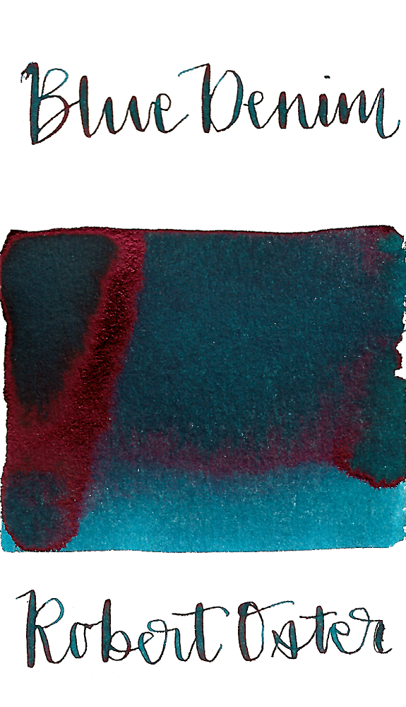 Robert Oster Blue Denim is a medium blue fountain pen ink with a green undertone, medium shading, and medium pink sheen.
