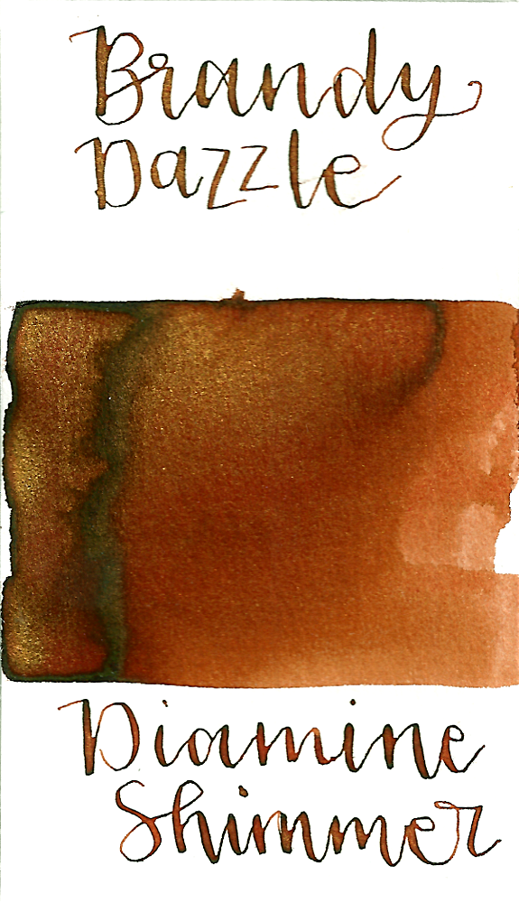 Diamine Brandy Dazzle from the 2015 Shimmertastic collection is a medium red-brown fountain pen ink with low shading and gold shimmer.