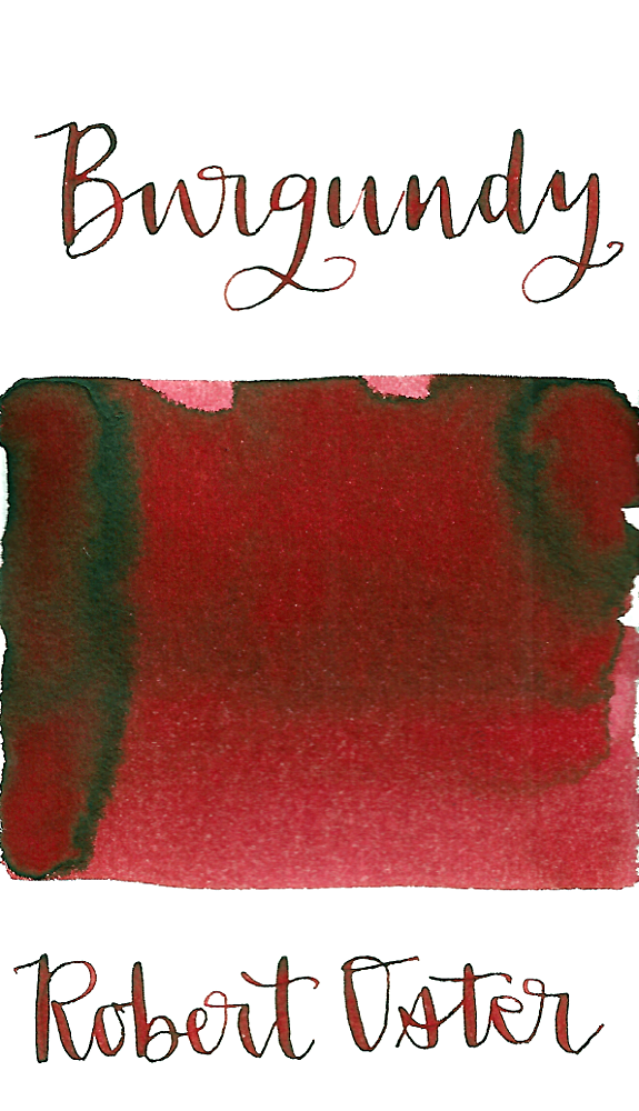 Robert Oster Burgundy is a medium burgundy red fountain pen ink with low shading.