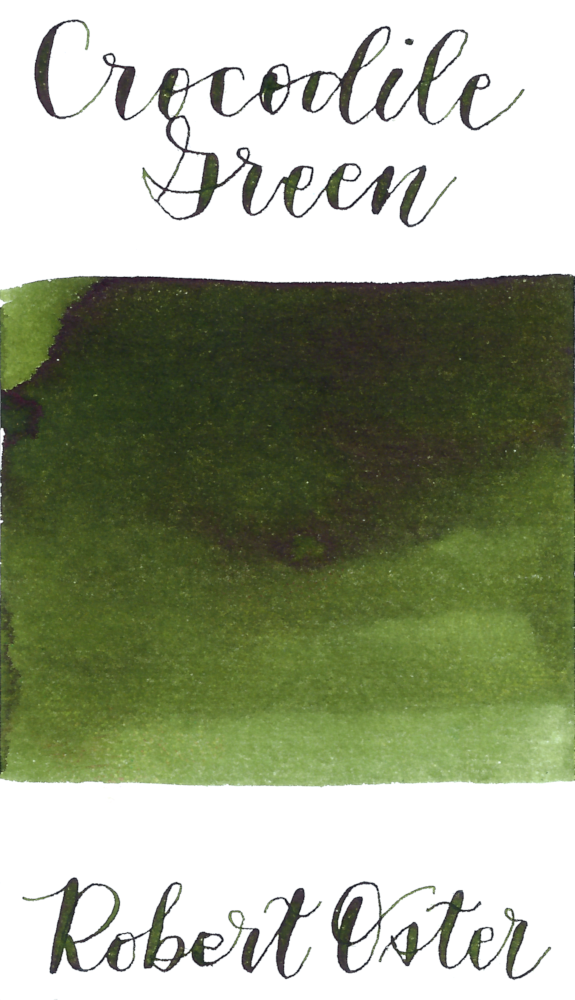 Robert Oster Crocodile Green is a medium pea green fountain pen ink with medium shading.