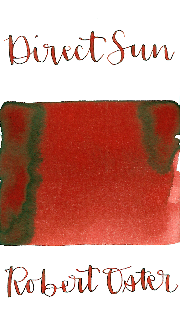 Robert Oster Direct Sun is a brash fiery red fountain pen ink with medium shading.