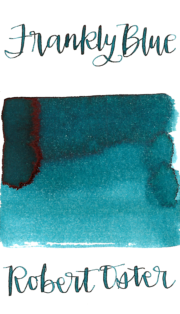 Robert Oster Frankly Blue is a medium blue fountain pen ink with a slight green undertone, medium shading, and medium sheen.