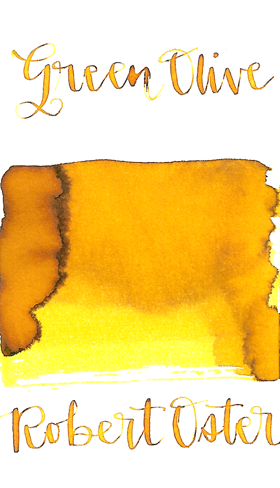 Robert Oster Green Olive is a deep yellow fountain pen ink with medium shading.