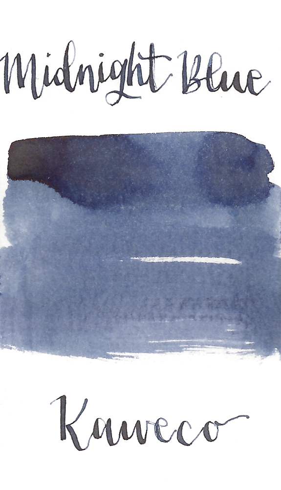 Kaweco Midnight Blue is an desaturated blue black fountain pen ink with medium shading and a pop of brown sheen in large swabs. It dries in a quick 10 seconds in a medium nib on Rhodia and has an average flow. Kaweco ink is made in Germany.