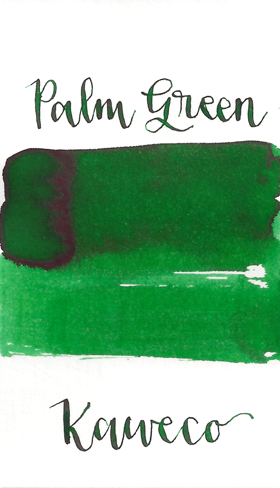 Kaweco Palm Green is a summery green fountain pen ink with medium shading and low red sheen. It dries in a quick 10 seconds in a medium nib on Rhodia and has a dry flow. Kaweco ink is made in Germany.