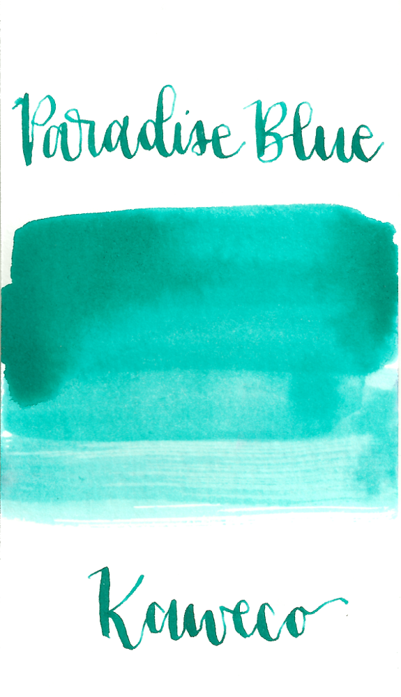Kaweco Paradise Blue is a light summery turquoise fountain pen ink with medium shading. It dries in 40 seconds in a medium nib on Rhodia and has an average flow. Kaweco ink is made in Germany.