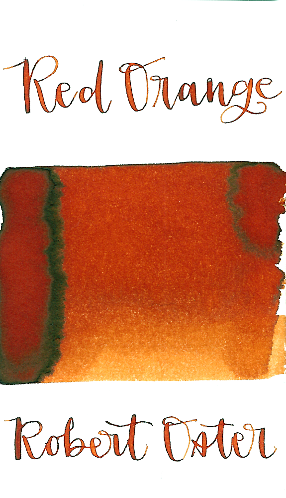 Robert Oster Red Orange is a warm, medium red-orange fountain pen ink with medium shading.
