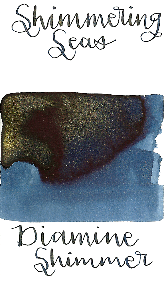 Diamine Shimmering Seas from the 2015 Shimmertastic collection is a rich blue black fountain pen ink with low shading and gold shimmer.