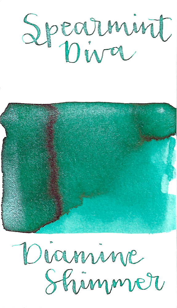 Diamine Spearmint Diva from the 2017 Shimmertastic collection is a gorgeous medium teal fountain pen ink with medium shading and silver shimmer.