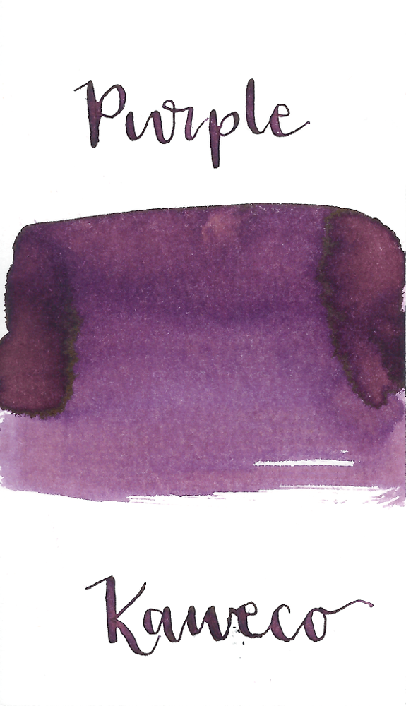 Kaweco Summer Purple is a medium purple fountain pen ink with low shading and a pop of gold sheen in large swabs. It dries in a quick 10 seconds in a medium nib on Rhodia and has an average flow. Kaweco ink is made in Germany.