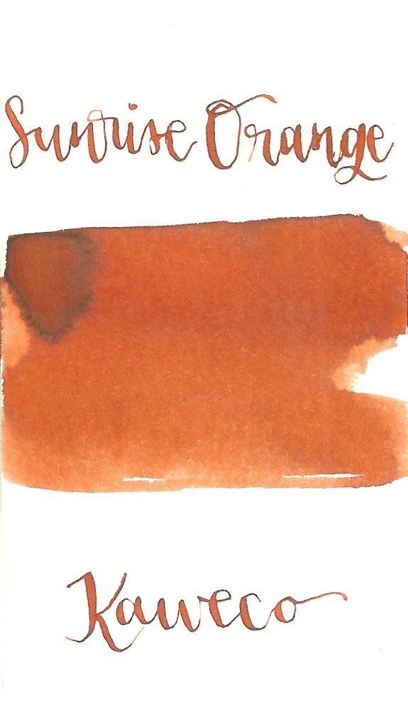 Kaweco Sunrise Orange is a medium orange fountain pen ink with medium shading. It dries in 30 seconds in a medium nib on Rhodia and has an average flow. Kaweco ink is made in Germany.