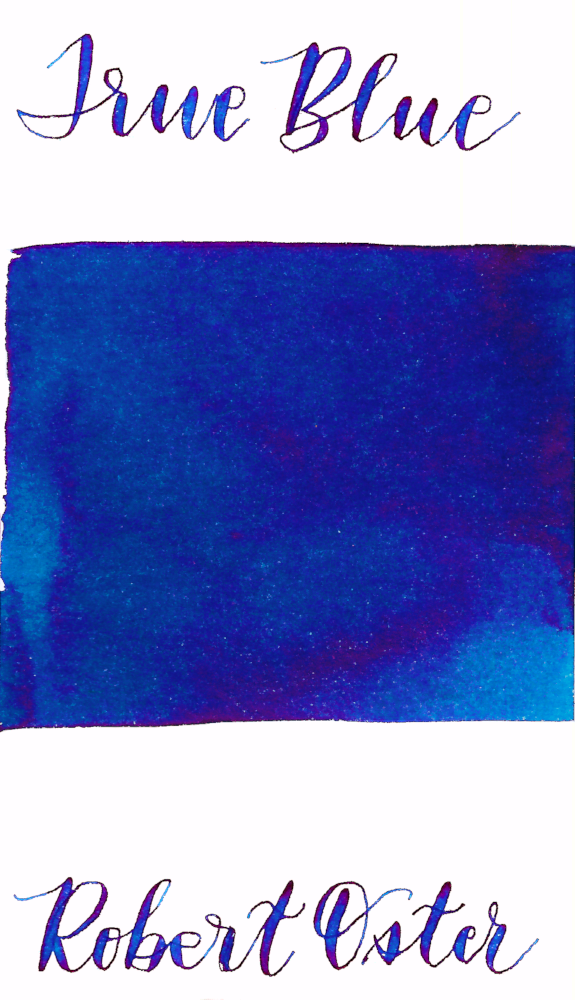 Robert Oster True Blue is a dark blue fountain pen ink with medium shading and medium pink sheen.