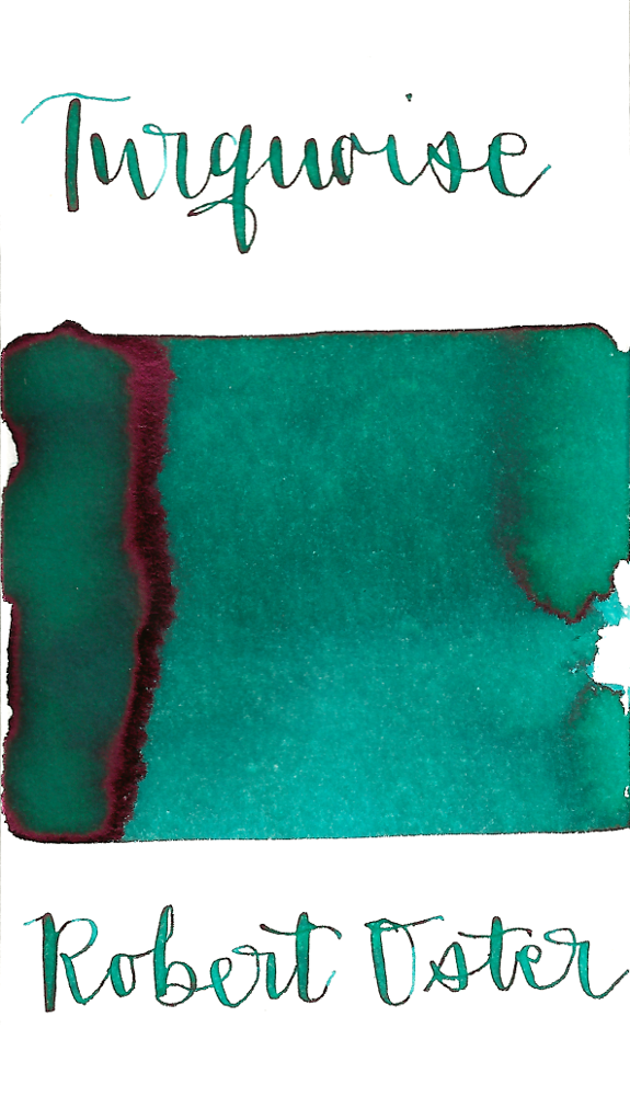 Robert Oster Turquoise is a medium blue green fountain pen ink with medium shading and medium pink sheen.