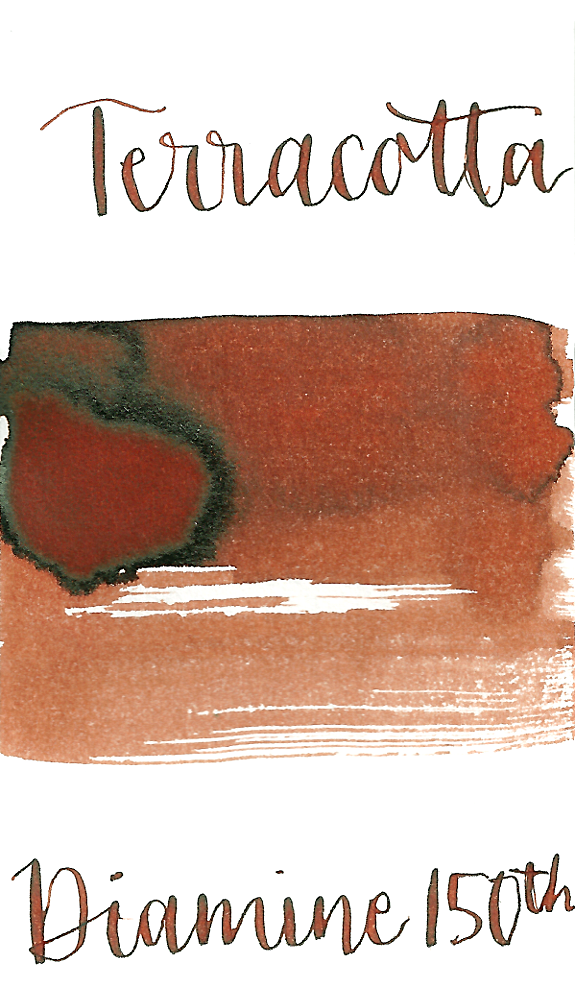 Diamine Terracotta is a warm, red brown fountain pen ink with medium shading.