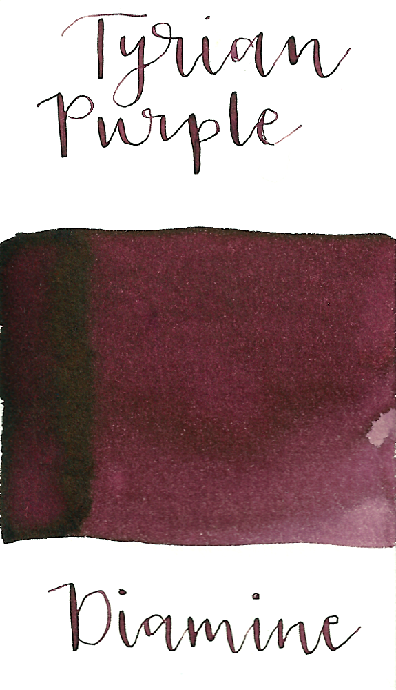 Diamine Tyrian Purple is a moody, dusky, warm purple fountain pen ink with low shading.