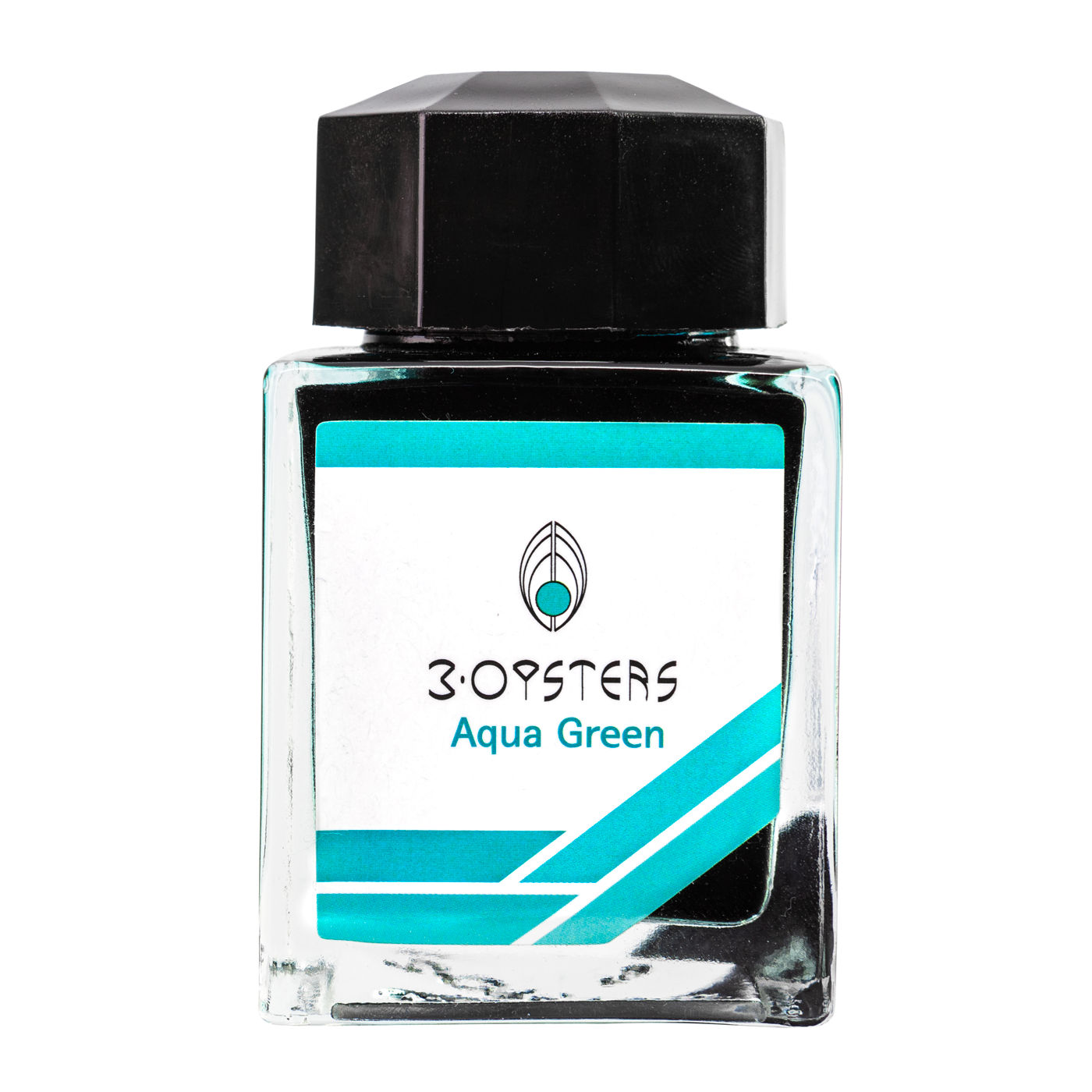 3 Oysters Aqua Green from the Delicious collection is a vibrant blue-green fountain pen ink with medium shading and a pop of pink sheen in large swabs. It dries in 40 seconds in a medium nib on Rhodia and has an average flow. The glass bottle has a cut out corner to lean the bottle for a decorative display. 3 Oysters ink is made in Korea. Pantone color: 3272C