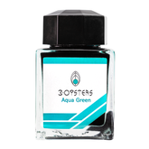 3 Oysters Aqua Green from the Delicious collection is a vibrant blue-green fountain pen ink with medium shading and a pop of pink sheen in large swabs. It dries in 40 seconds in a medium nib on Rhodia and has an average flow. The glass bottle has a cut out corner to lean the bottle for a decorative display. 3 Oysters ink is made in Korea.  Pantone color: 3272C