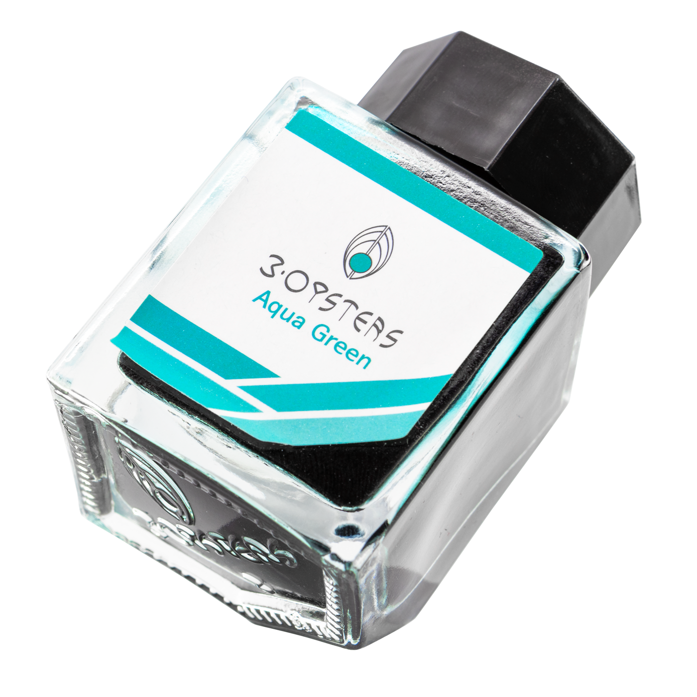 3 Oysters Aqua Green from the Delicious collection is a vibrant blue-green fountain pen ink with medium shading and a pop of pink sheen in large swabs. It dries in 40 seconds in a medium nib on Rhodia and has an average flow. The glass bottle has a cut out corner to lean the bottle for a decorative display. 3 Oysters ink is made in Korea. Pantone color: 3272C