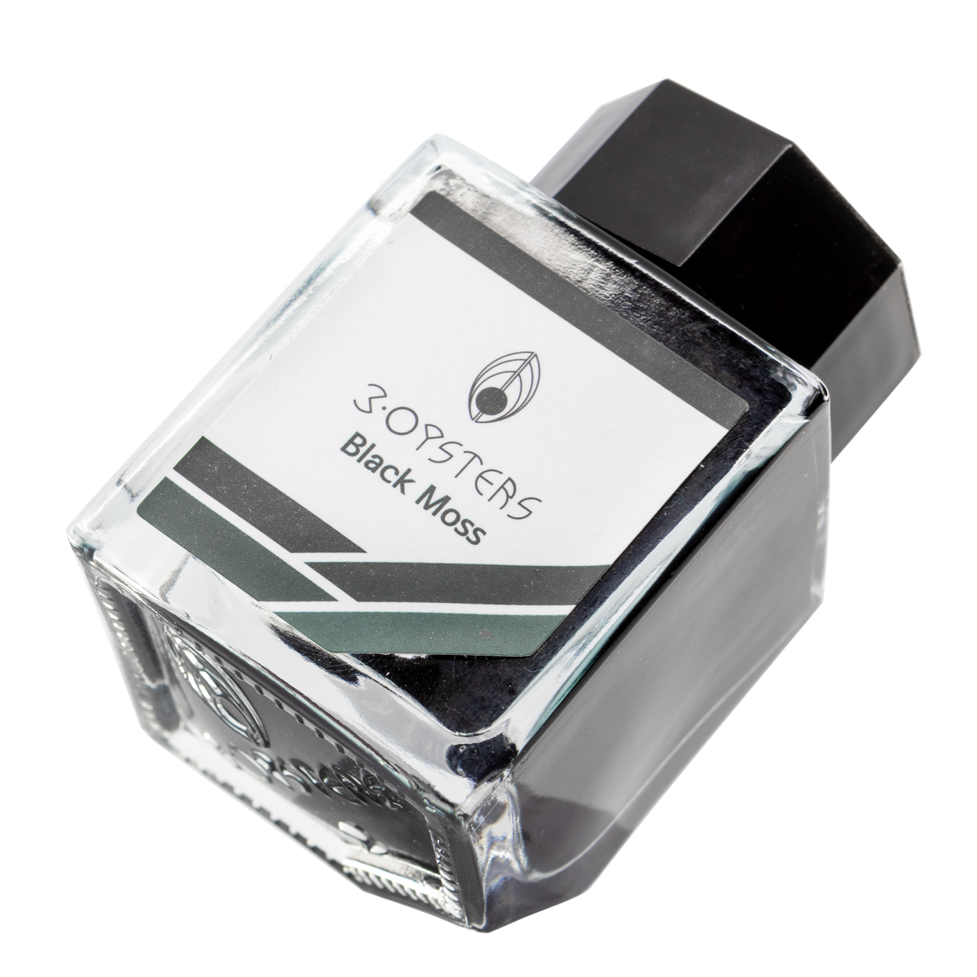3 Oysters Black Moss from the Delicious collection is a dark green-black fountain pen ink with a pop of black sheen in large swabs. It dries in 30 seconds in a medium nib on Rhodia and has an average flow. The glass bottle has a cut out corner to lean the bottle for a decorative display. 3 Oysters ink is made in Korea.