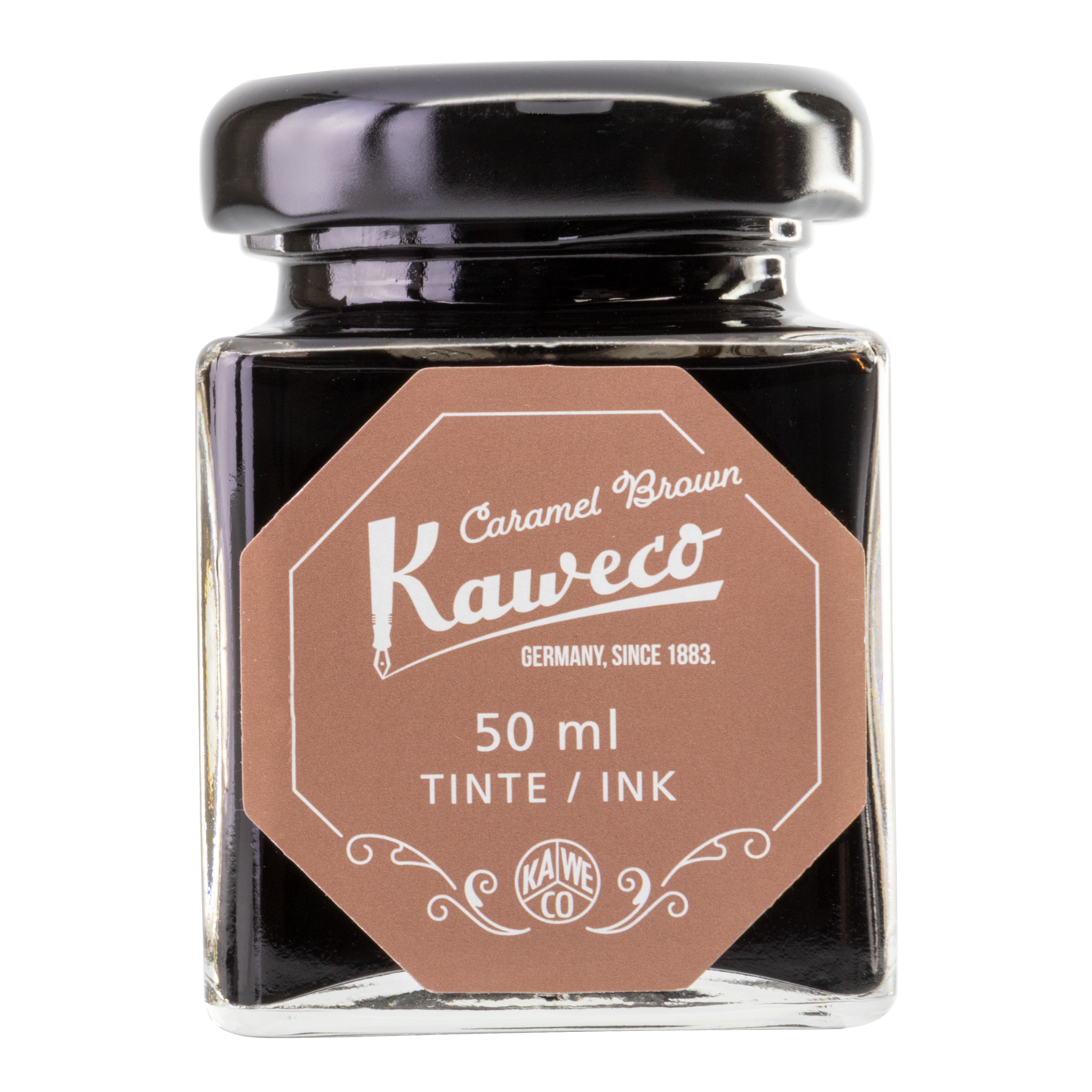 Kaweco Caramel Brown is a medium brown fountain pen ink with medium shading. It dries in 15 seconds in a medium nib on Rhodia and has an average flow. Kaweco ink is made in Germany.