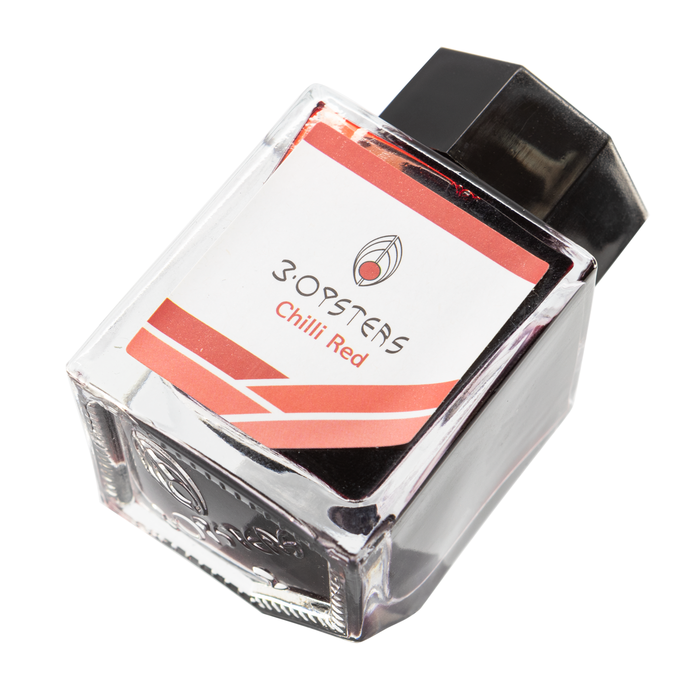 3 Oysters Chili Red from the Delicious collection is a bright tomato red fountain pen ink with low shading. It dries in 90 seconds in a medium nib on Rhodia and has a slightly dry flow. The glass bottle has a cut out corner to lean the bottle for a decorative display. 3 Oysters ink is made in Korea. Pantone color: 186C