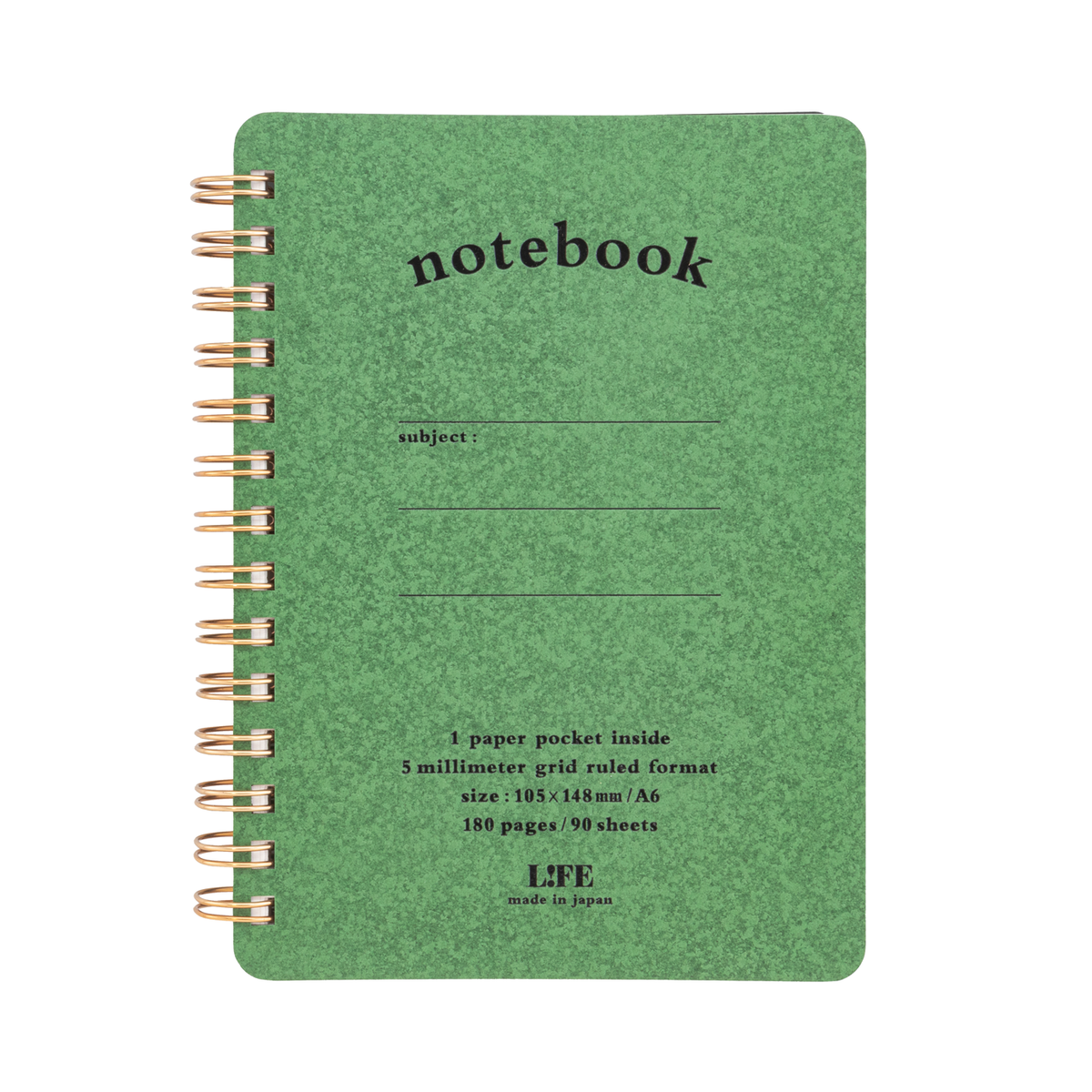 Life Stationery A6 Spiral Pocket Notebook 5mm Grid - Green