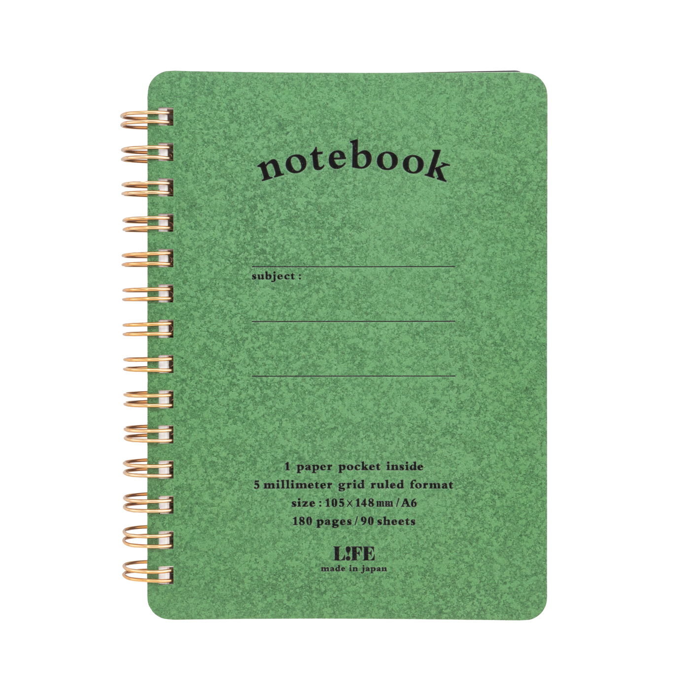 Life Stationery A6 Spiral Pocket Notebook 5mm Grid - Green