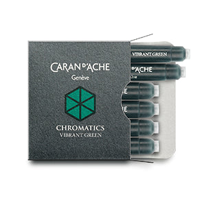 Green fountain pen ink from Caran d'Ache, made in Switzerland.  Not waterproof Available in 50ml bottle, 6-pack of standard international cartridges, or 4ml sample