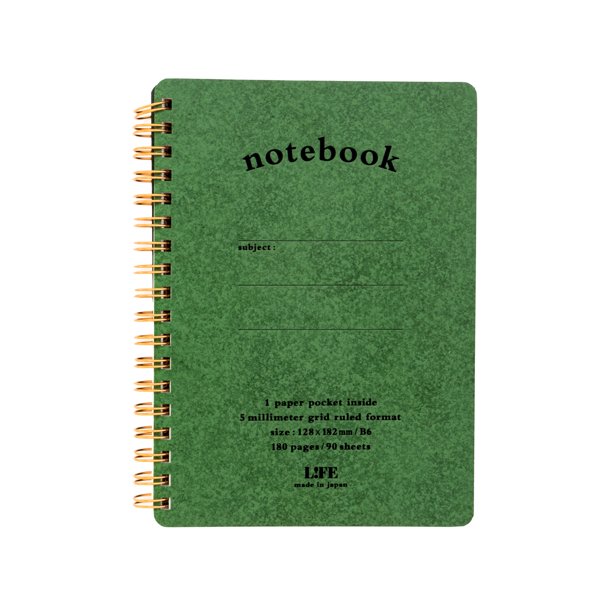 Life Stationery B6 Spiral Notebook 5mm Grid - Green