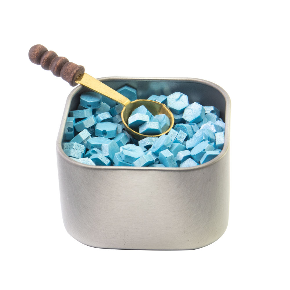 Light Blue Sealing Wax Beads in Tin with Spoon