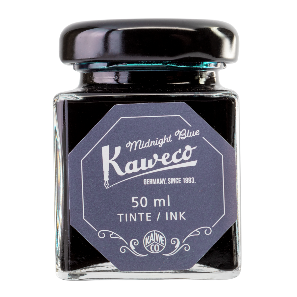 Kaweco Midnight Blue is an desaturated blue black fountain pen ink with medium shading and a pop of brown sheen in large swabs. It dries in a quick 10 seconds in a medium nib on Rhodia and has an average flow. Kaweco ink is made in Germany.