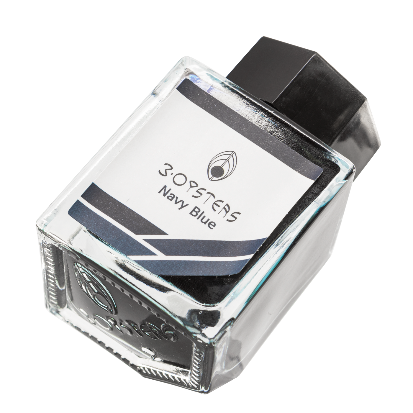 3 Oysters Navy Blue from the Delicious collection is a medium blue-black fountain pen ink with medium shading and high pink sheen. It dries in 30 seconds in a medium nib on Rhodia and has a dry flow. The glass bottle has a cut out corner to lean the bottle for a decorative display. 3 Oysters ink is made in Korea. Pantone color: 2188C