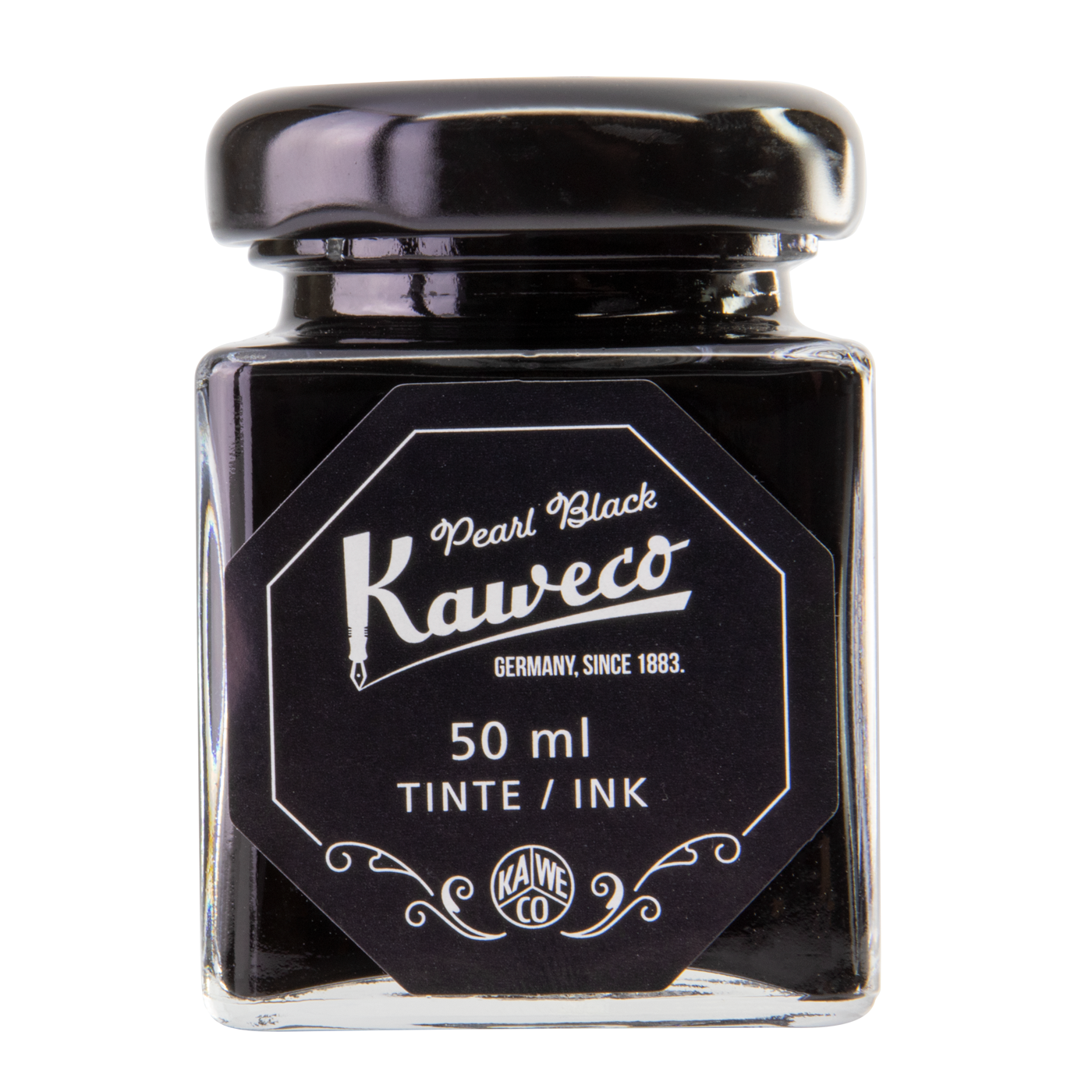 Kaweco Pearl Black is a classic cool black fountain pen ink with low black sheen. It dries in 20 seconds in a medium nib on Rhodia and has an average flow. Kaweco ink is made in Germany