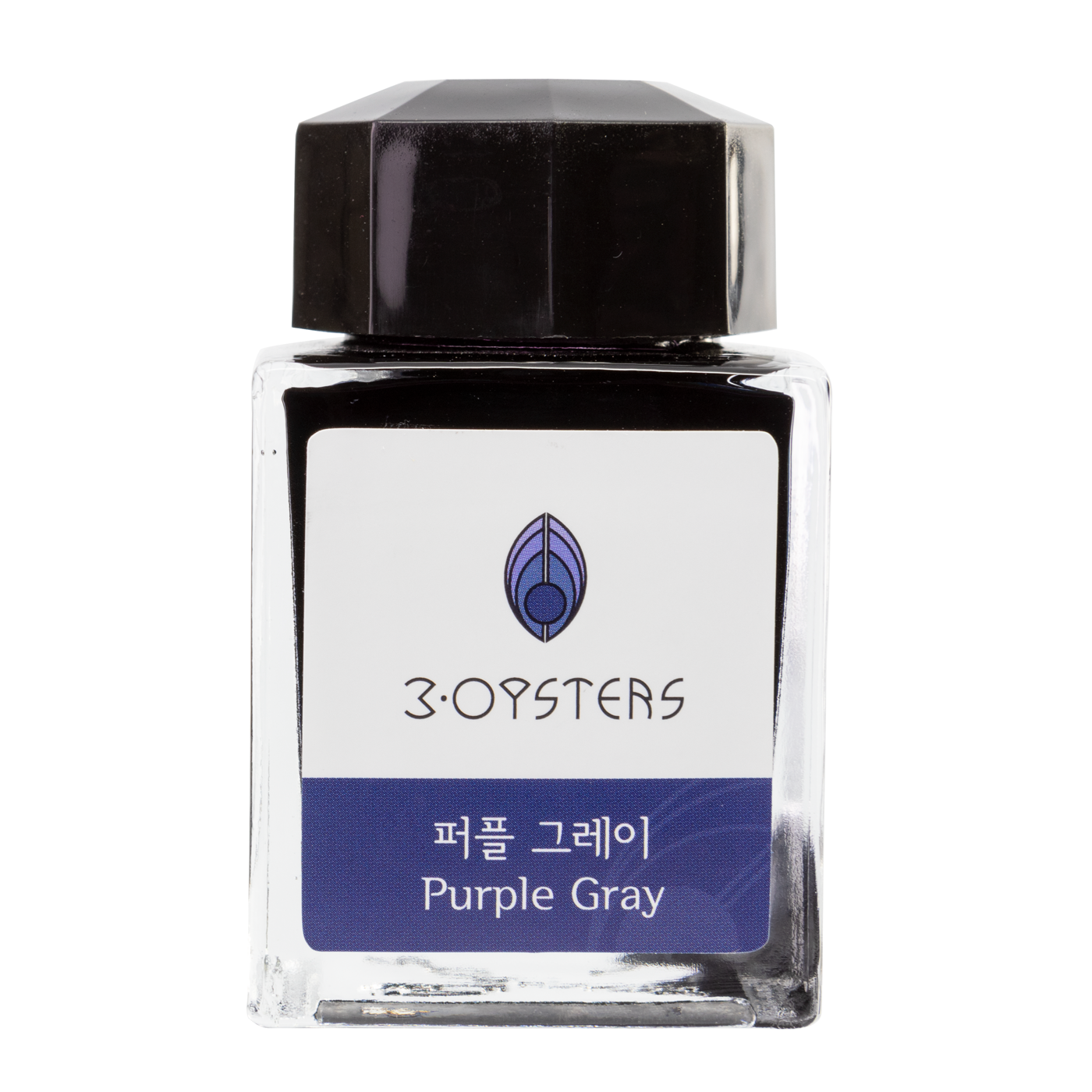 3 Oysters Purple Gray from the Delicious collection is a dark cool-tone purple fountain pen ink with low shading. It dries in 30 seconds in a medium nib on Rhodia and has a dry flow. The glass bottle has a cut out corner to lean the bottle for a decorative display. 3 Oysters ink is made in Korea. Pantone color: 5275C