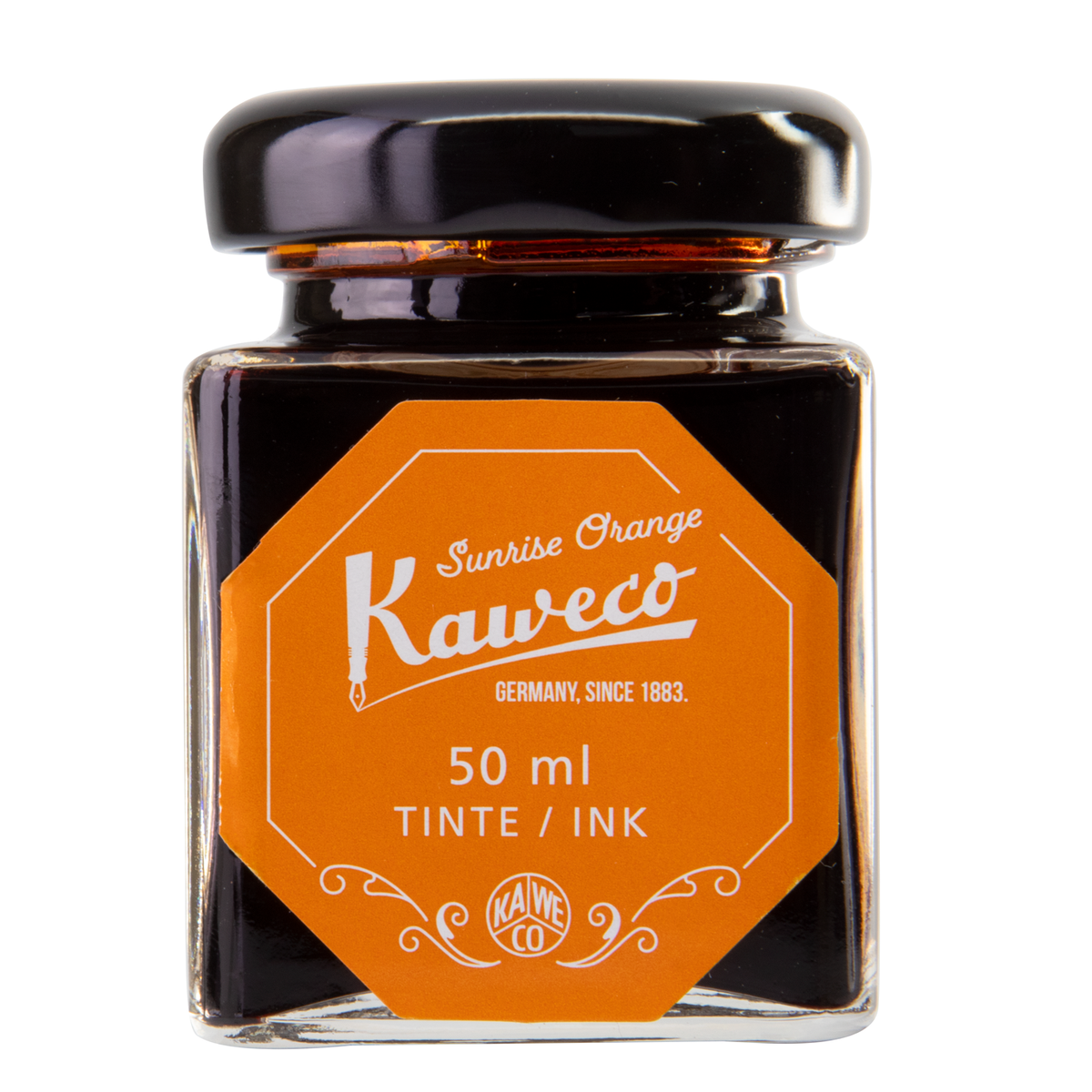 Kaweco Sunrise Orange is a medium orange fountain pen ink with medium shading. It dries in 30 seconds in a medium nib on Rhodia and has an average flow. Kaweco ink is made in Germany.