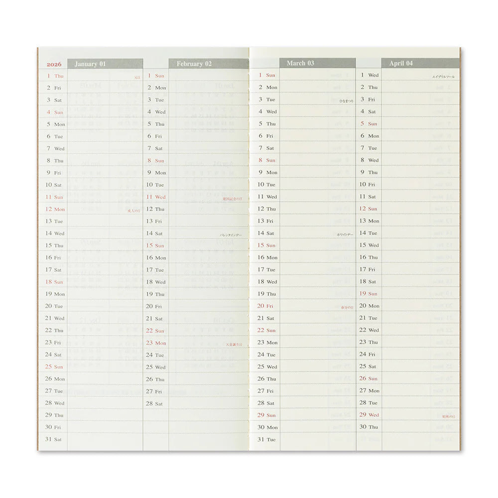 TRAVELER'S COMPANY Regular Size Diary 2026 - Weekly + Memo