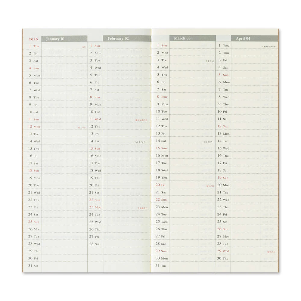 TRAVELER'S COMPANY Vertical Size Diary 2026 - Weekly