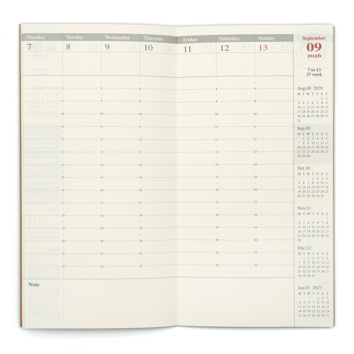 TRAVELER'S COMPANY Regular Size Diary 2026 Mid Year Weekly Vertical Planner