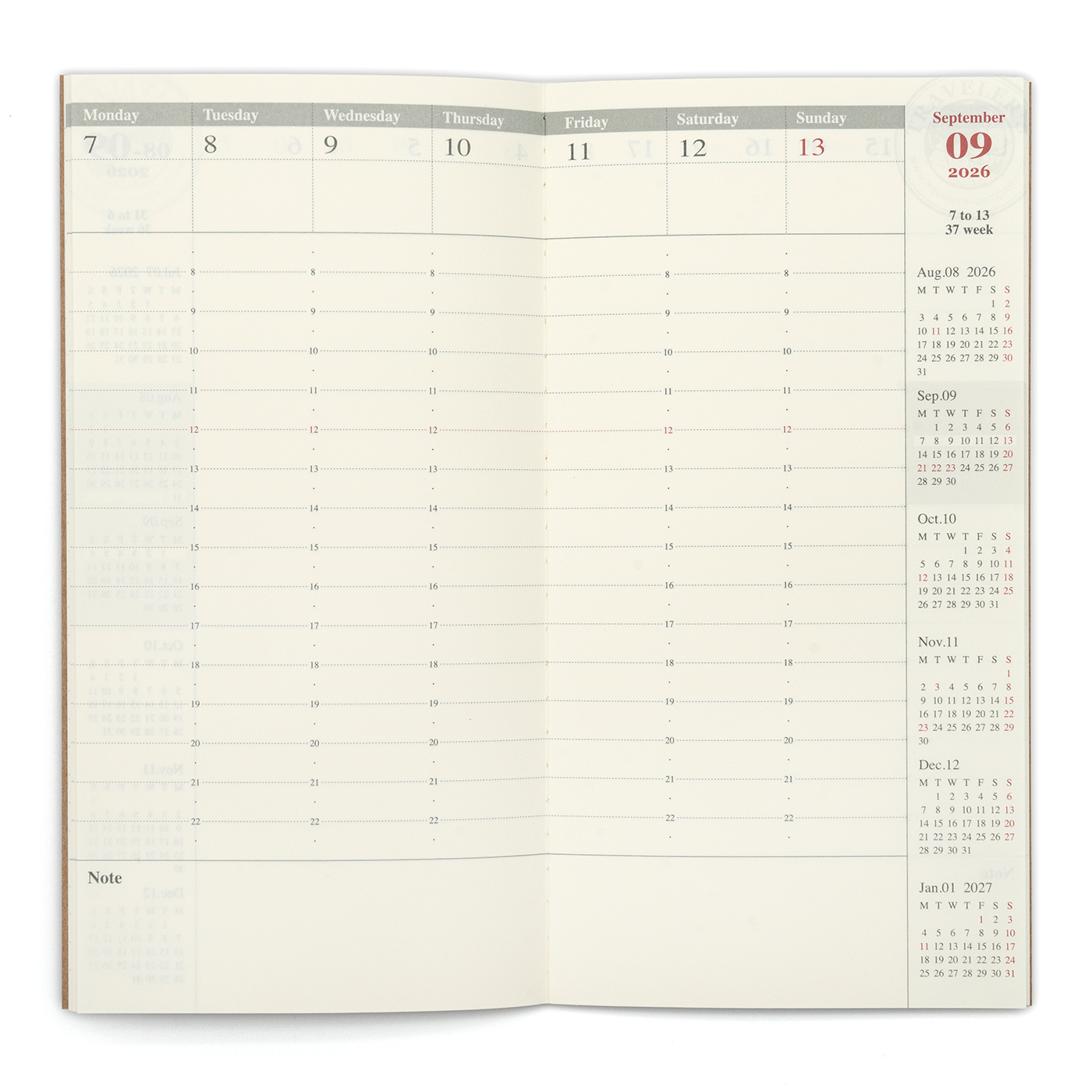 TRAVELER'S COMPANY Regular Size Diary 2026 Mid Year Weekly Vertical Planner