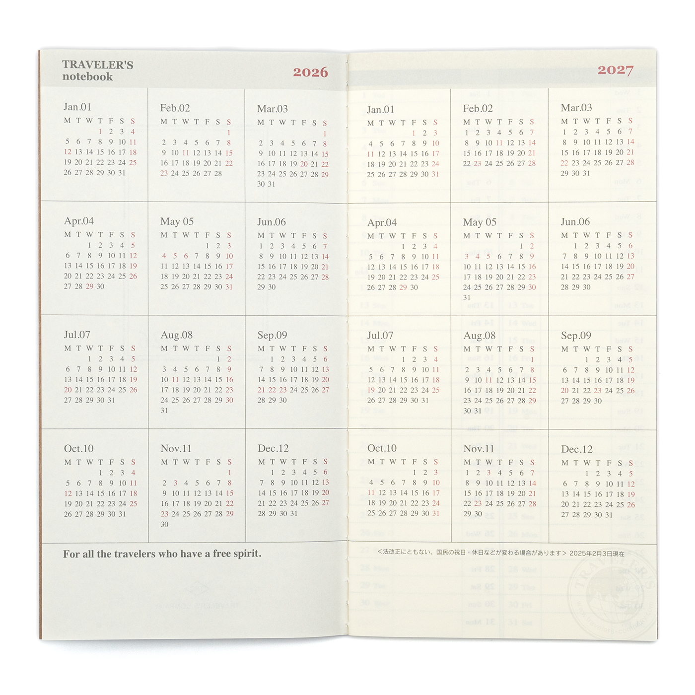 TRAVELER'S COMPANY Regular Size Diary 2026 Mid Year Weekly Vertical Planner