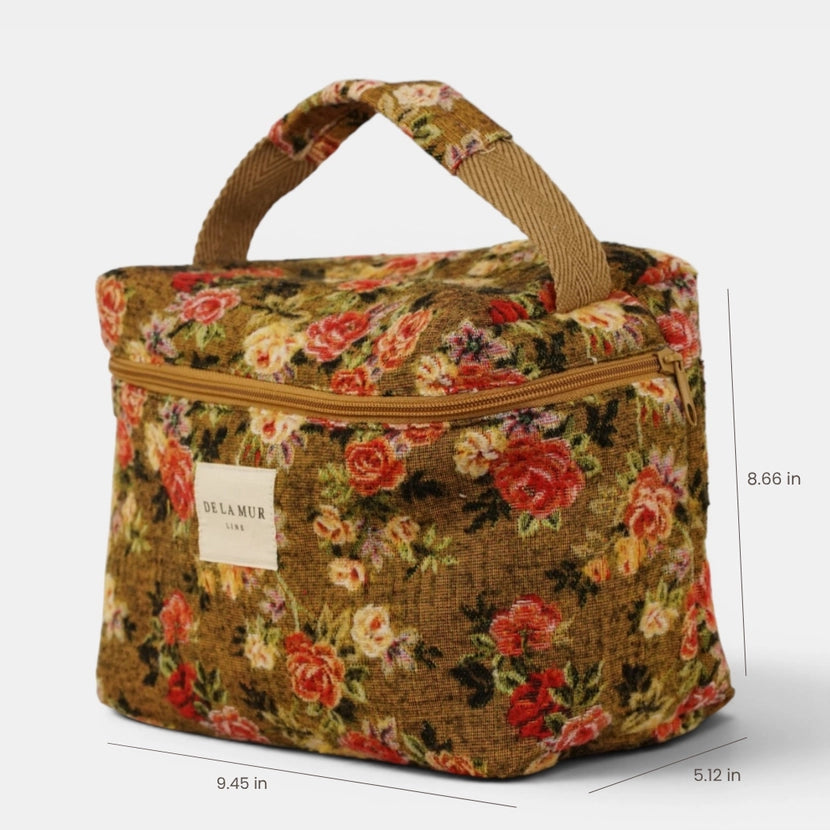 De La Mur Line US Inc. - Floral Jacquard Large Squared Makeup Bag - Mustard & Red